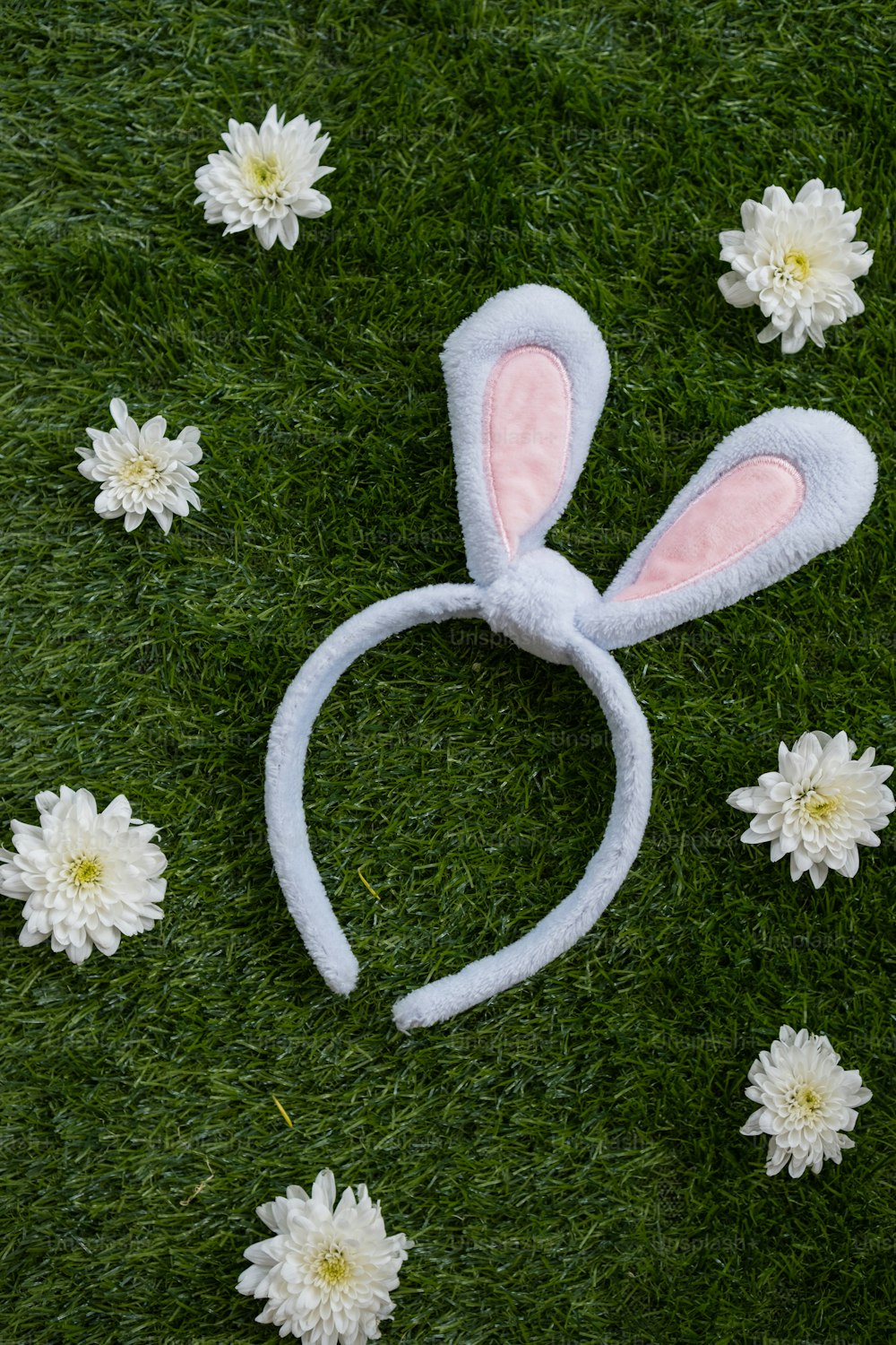 풀밭 위에 누워 있는 토끼 귀 머리띠