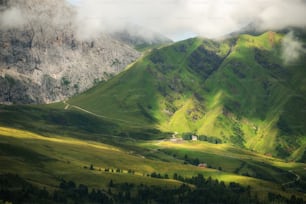 Ein üppiges grünes Tal, umgeben von Bergen unter einem bewölkten Himmel