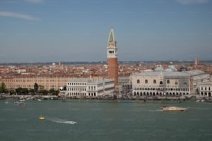 a large body of water with a city in the background