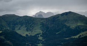 the mountains are covered in green grass and trees