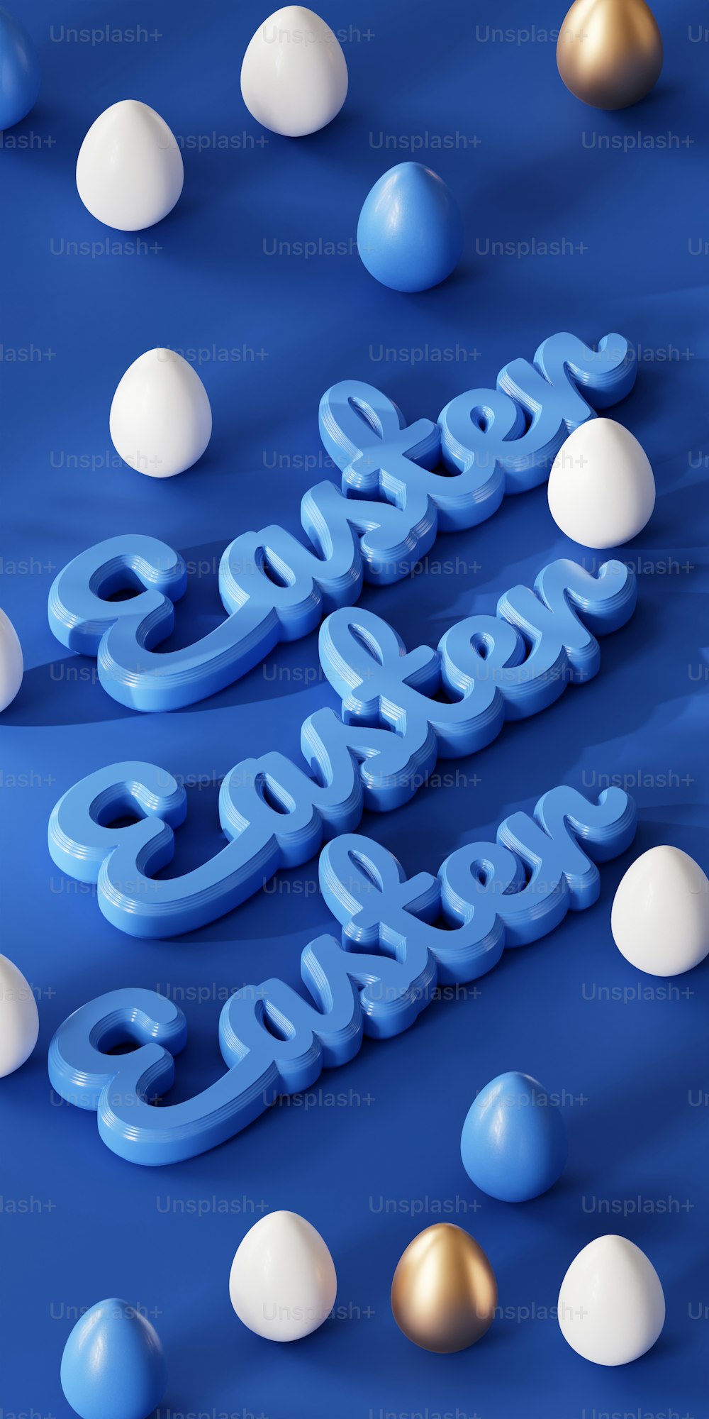 a blue and white background with some white and gold eggs