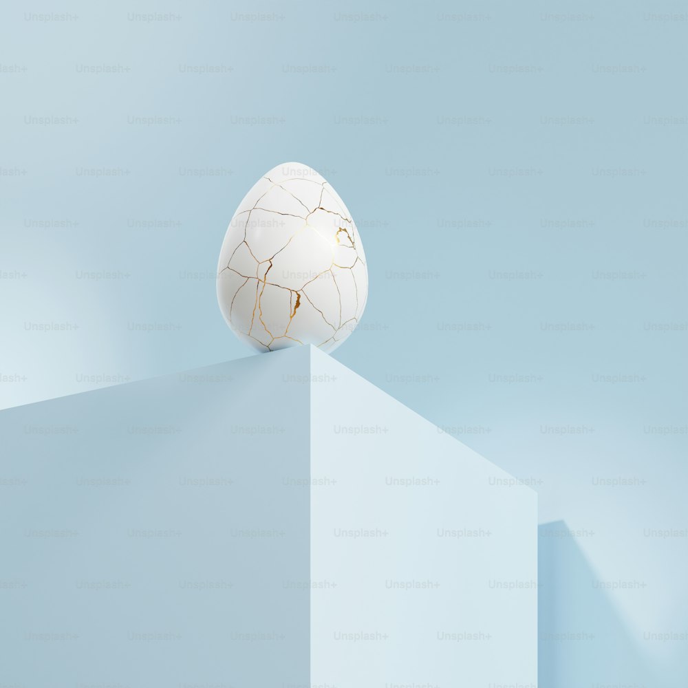 a white egg sitting on top of a blue wall