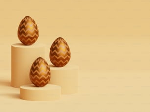 three brown eggs sitting on top of a white pedestal
