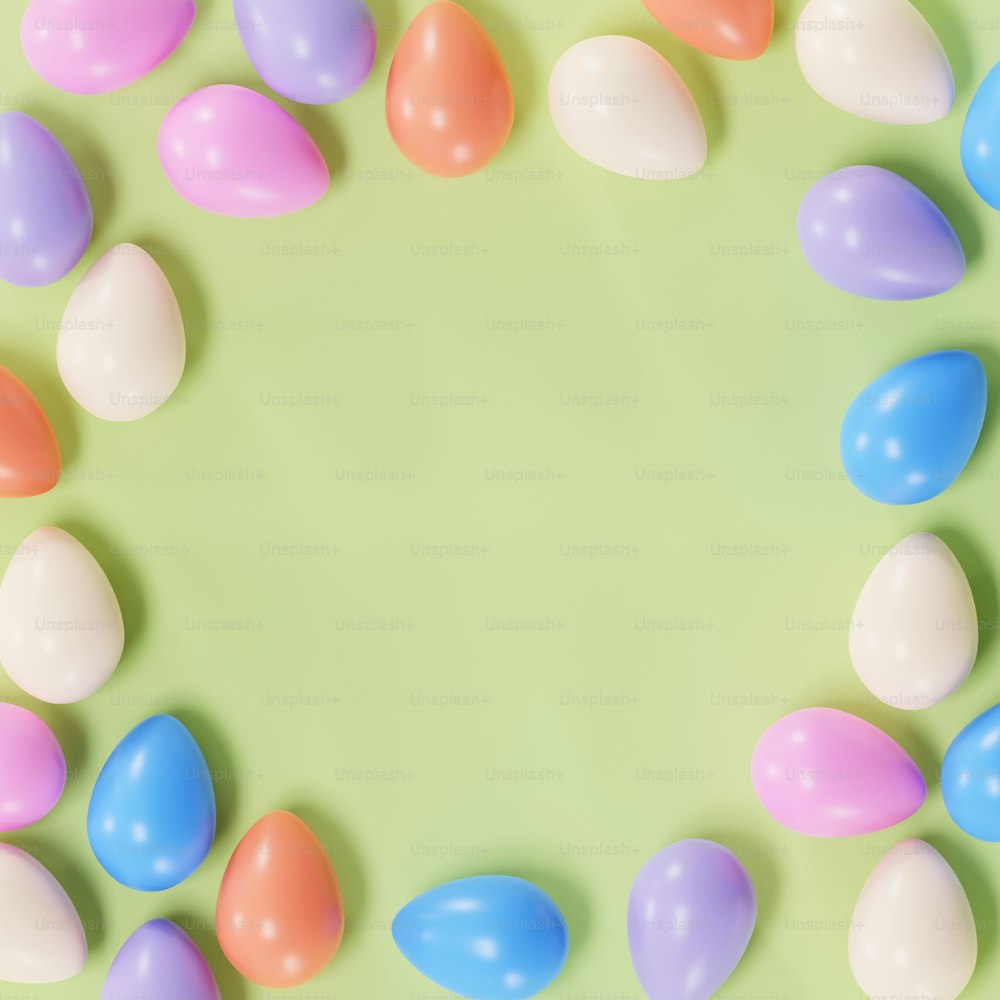 a green background with pastel colored eggs