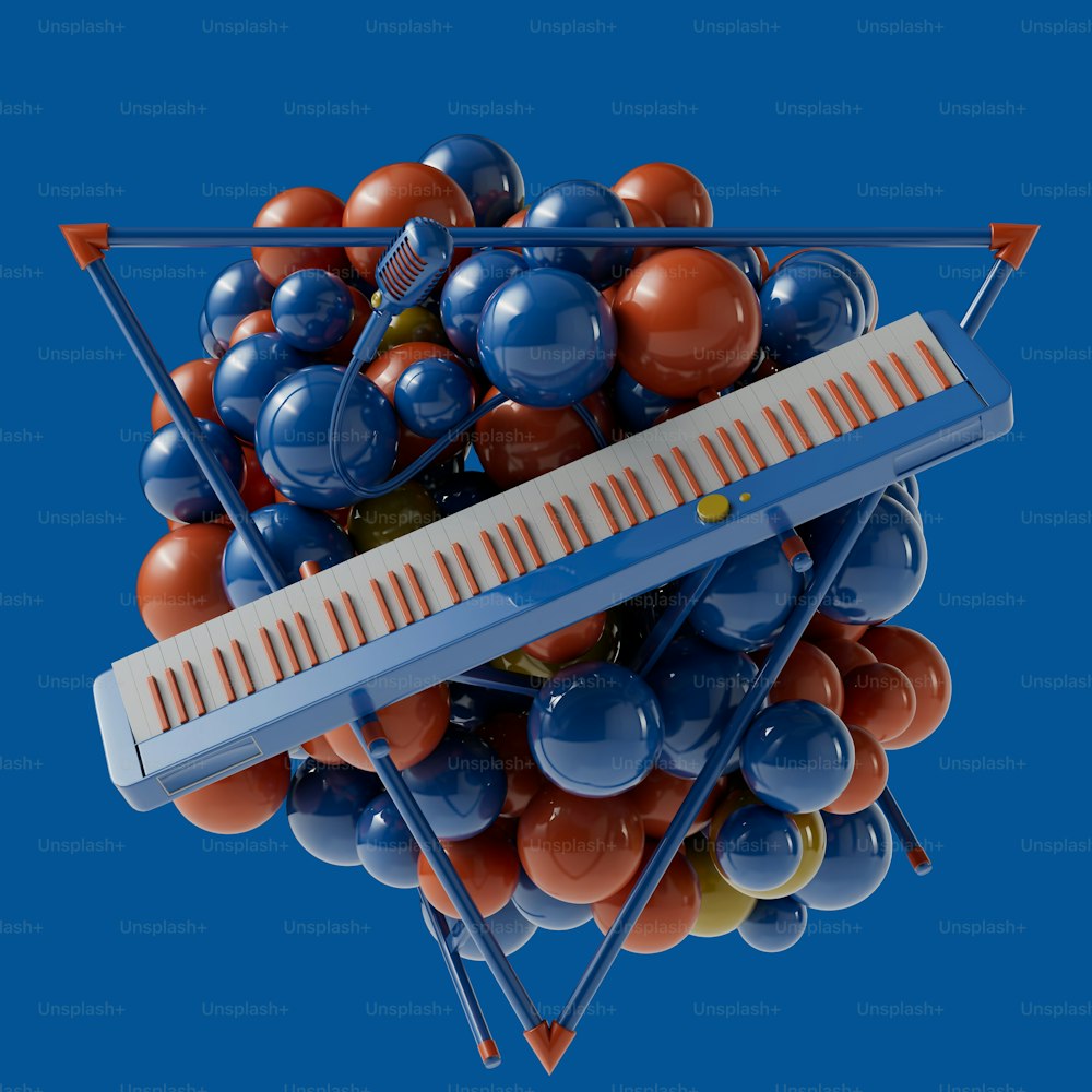 a bunch of balls and a ruler on a blue background