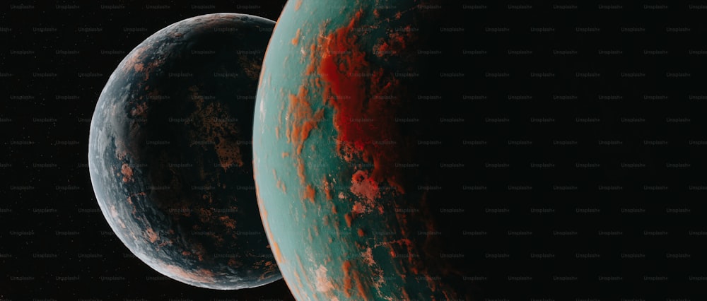 黒い背景に2つの惑星の接写