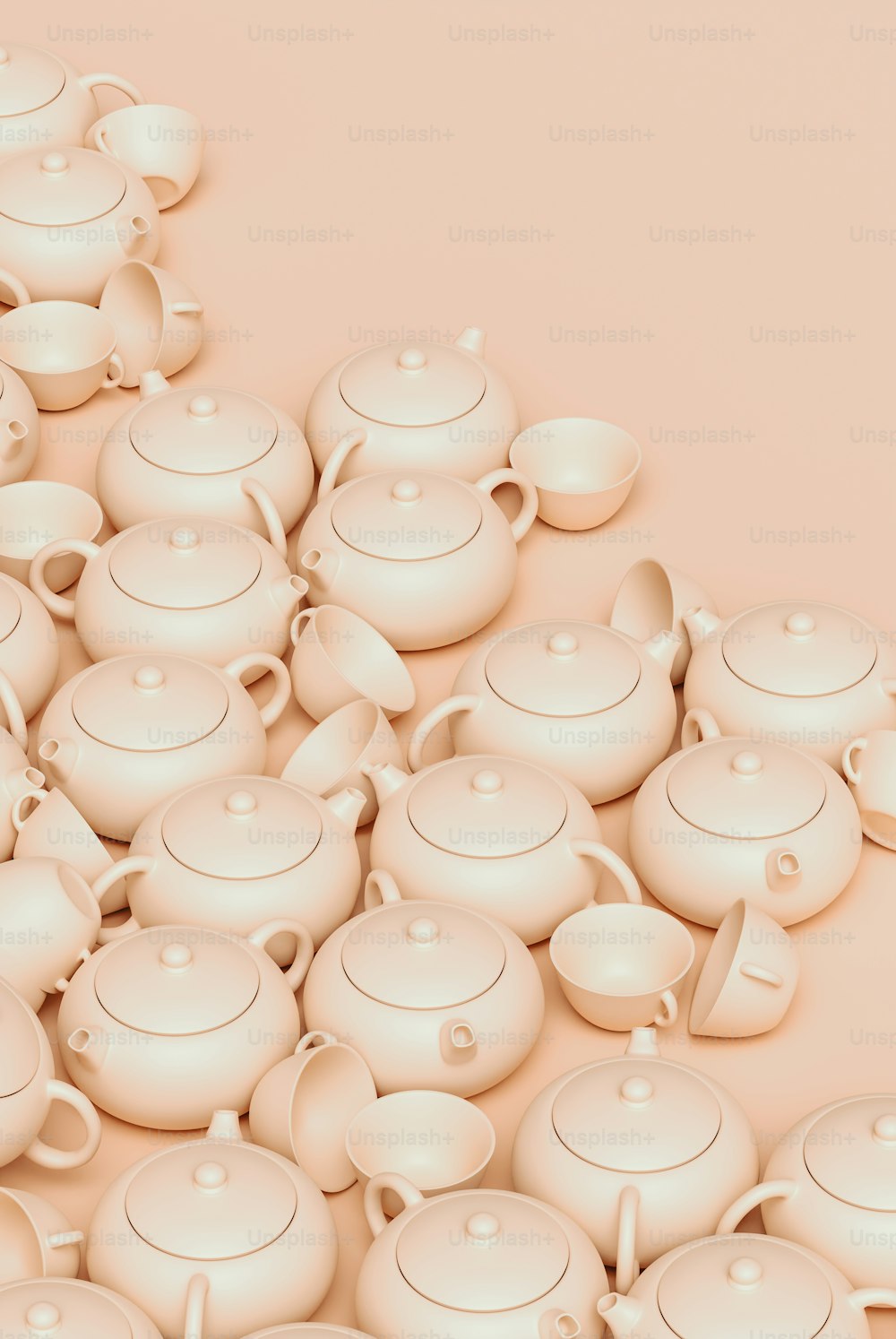 a pile of white teapots sitting on top of each other