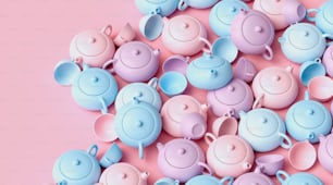 a group of teapots sitting on top of a pink surface