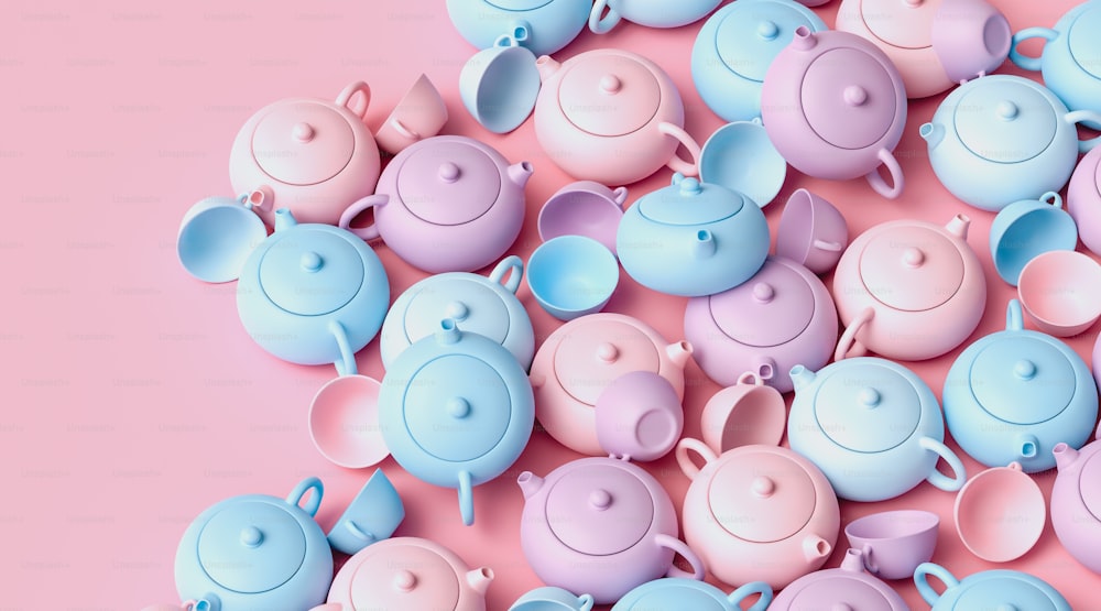 a group of teapots sitting on top of a pink surface