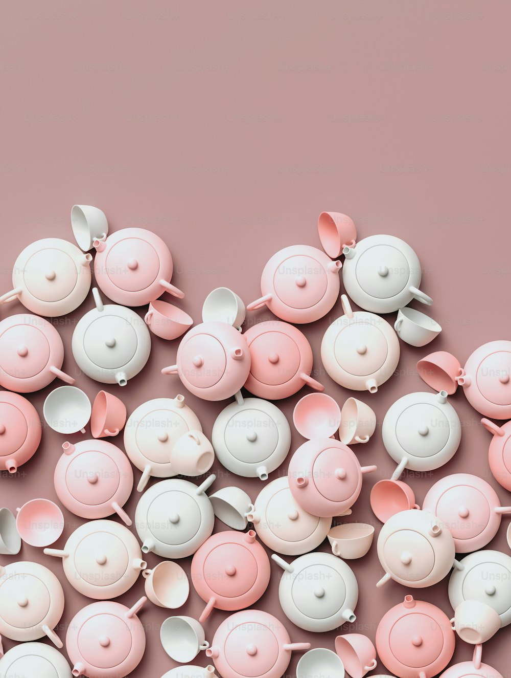 a pile of pink and white teapots on a pink background
