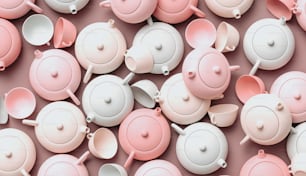 a group of pink and white teapots and saucers