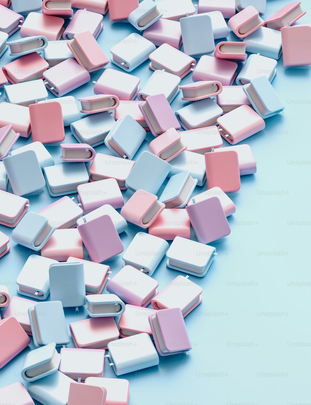 a pile of pink and white square objects on a blue background