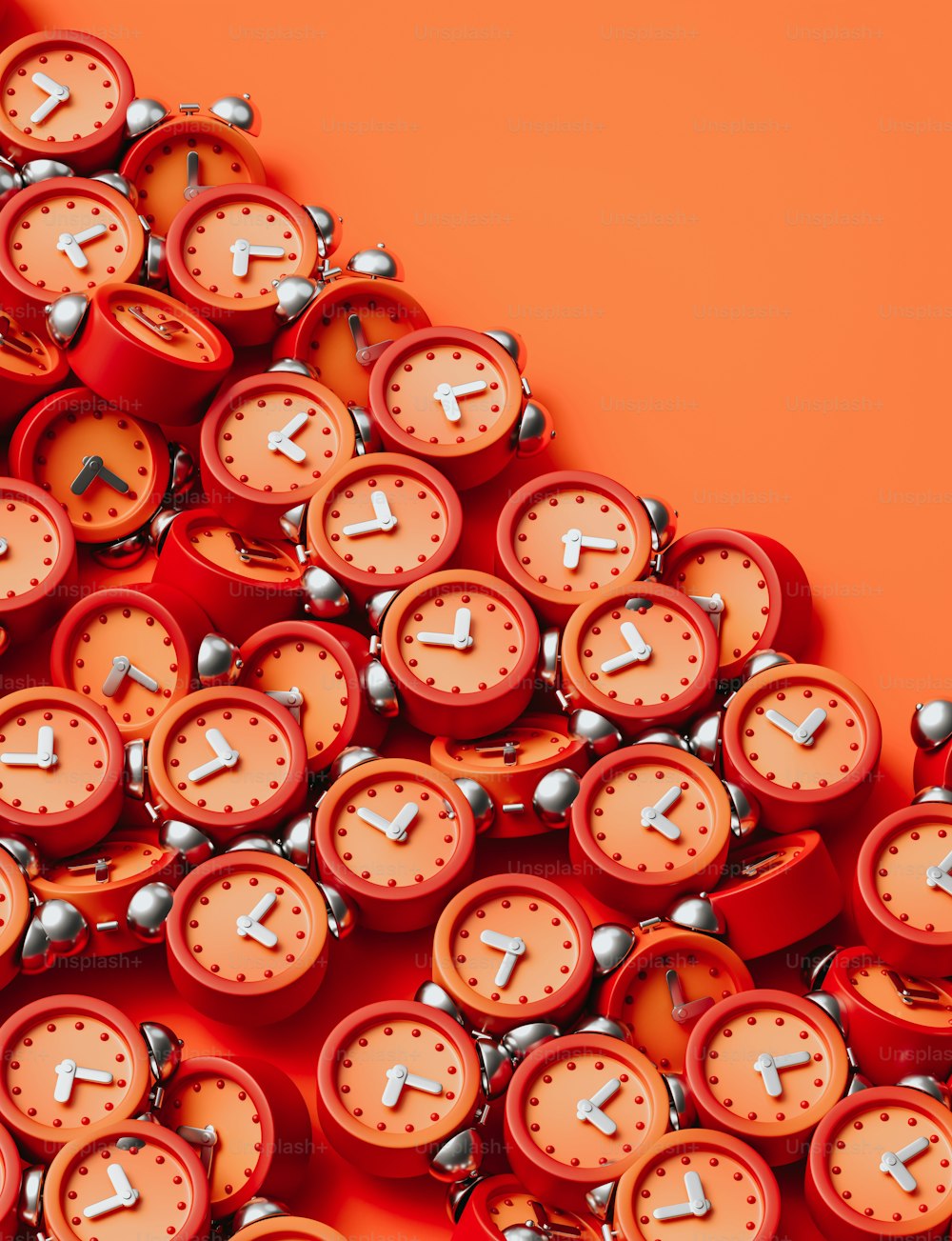 a group of red clocks sitting on top of each other