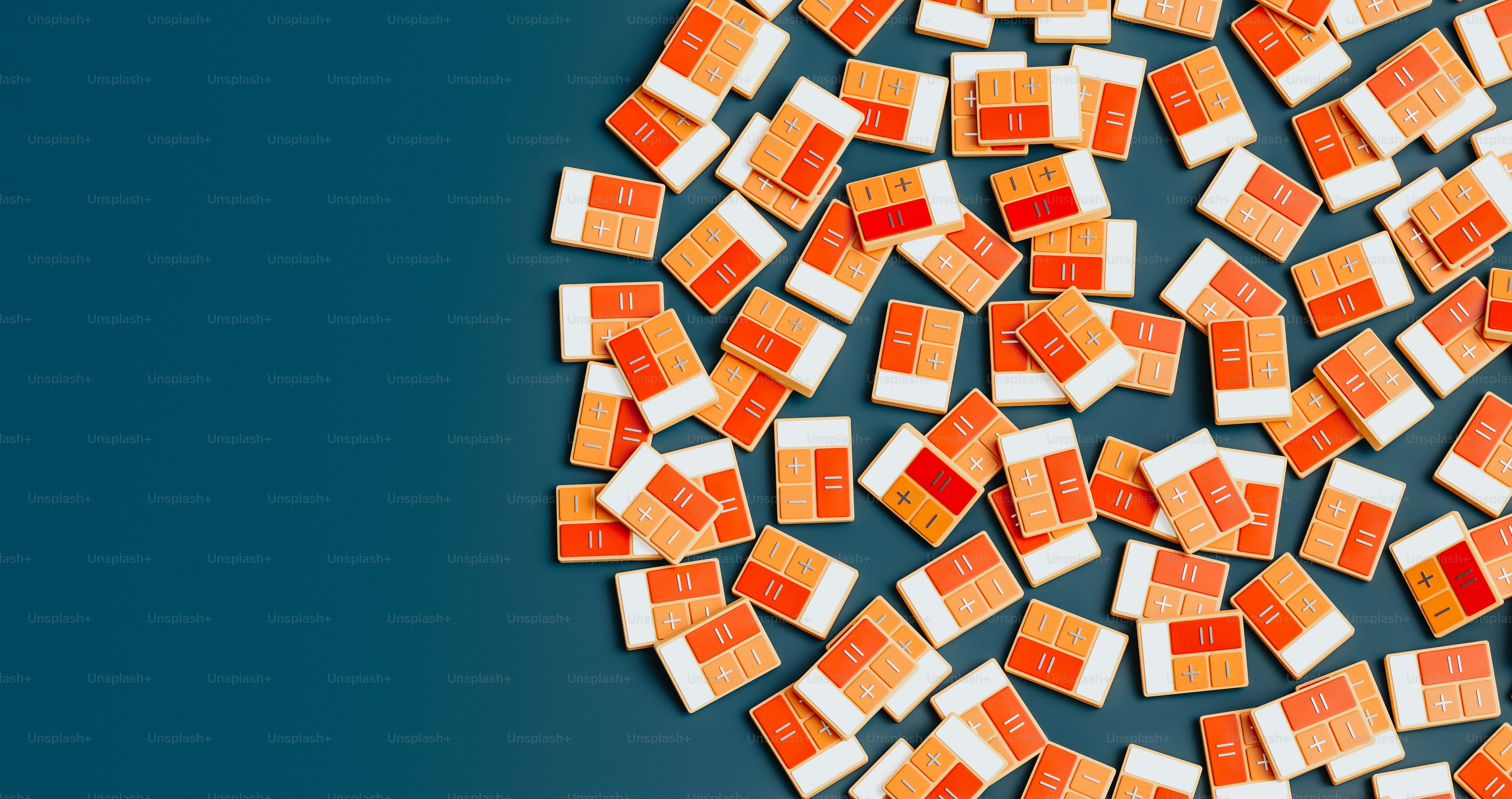 a pile of orange and white squares on a blue background