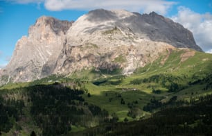 Una vista de una cadena montañosa con algunos árboles en primer plano