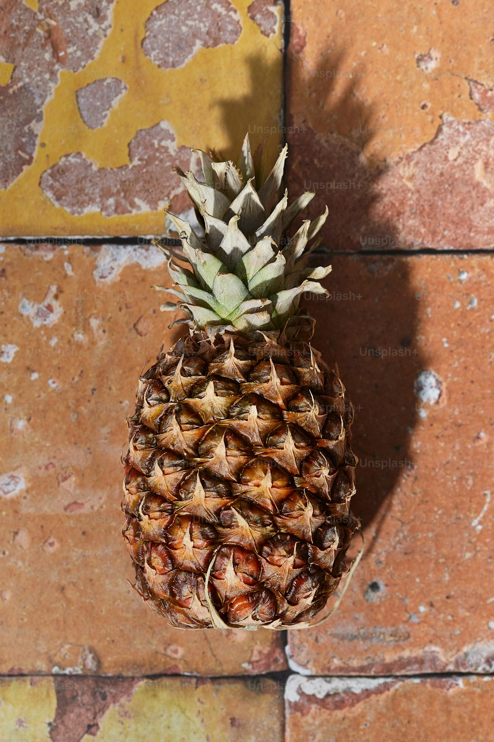 eine Ananas, die auf einem Ziegelboden sitzt