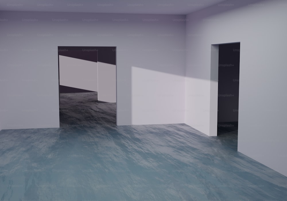 an empty room with three doors and a blue floor