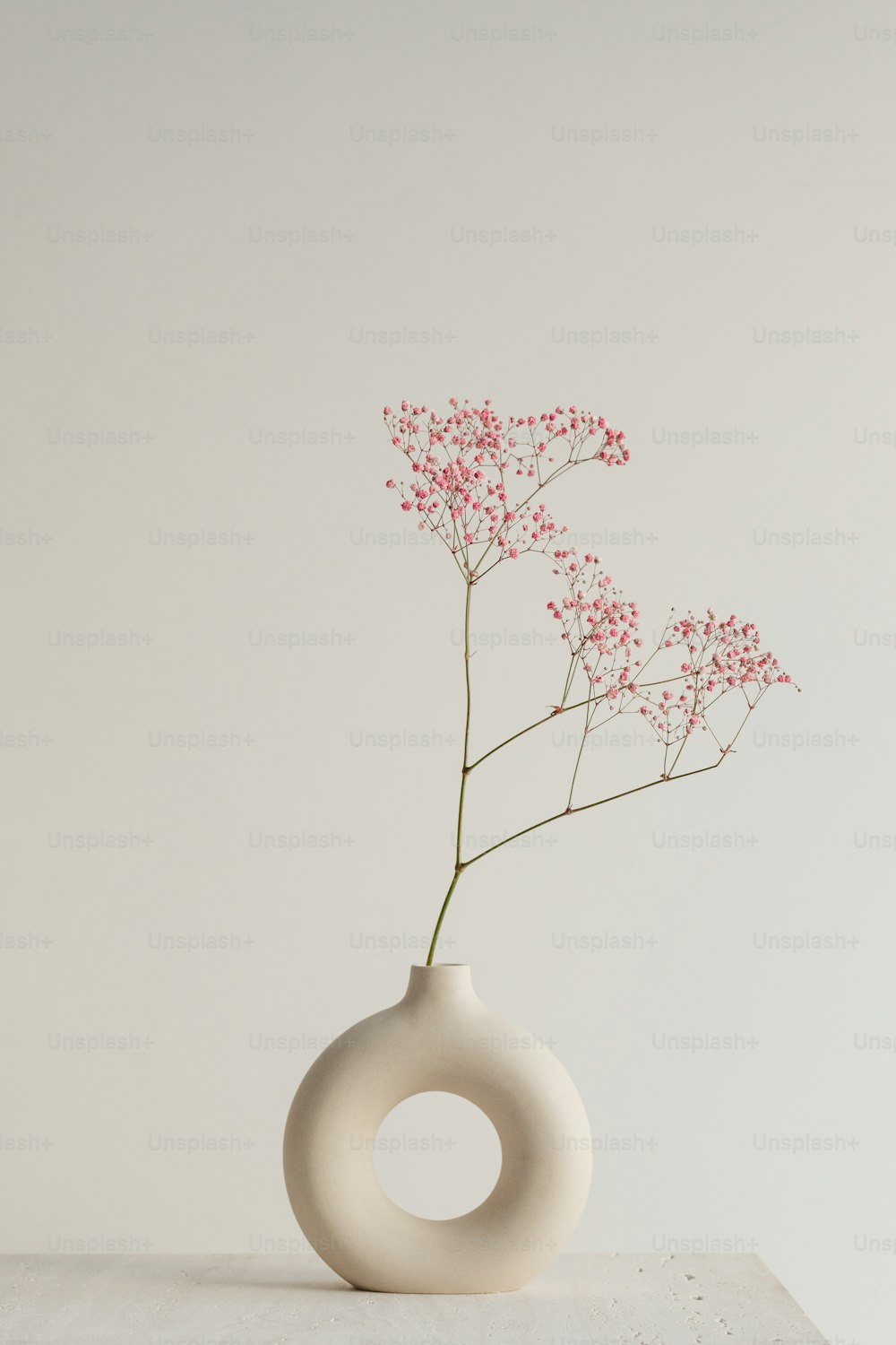 eine weiße Vase mit einigen rosa Blumen darin