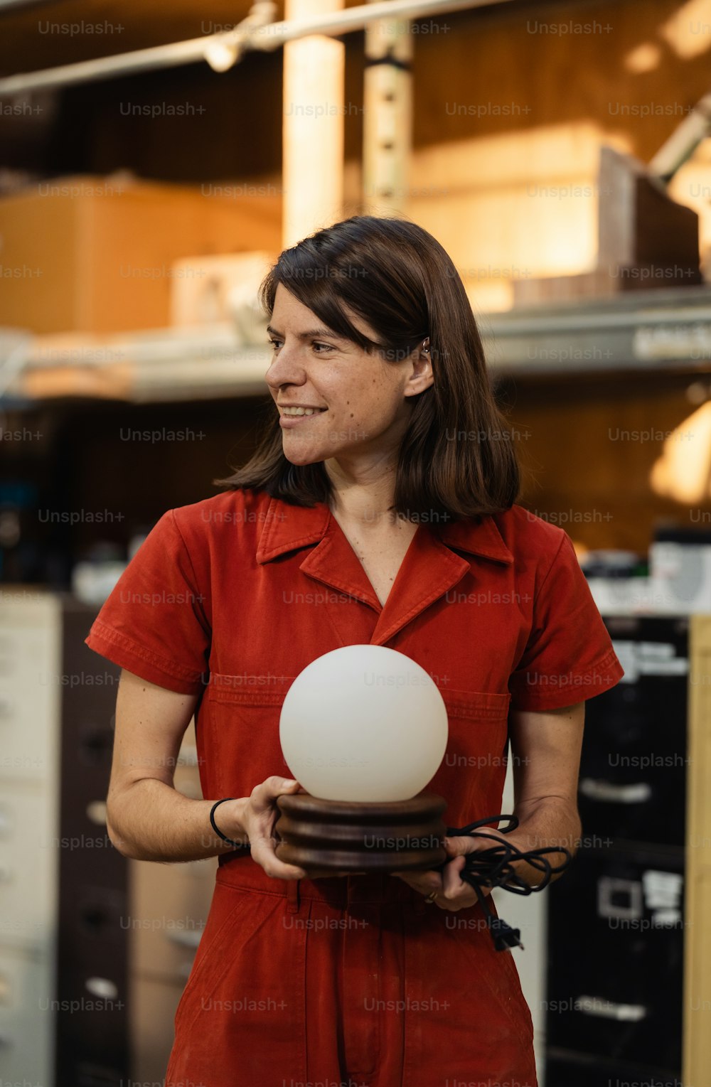 a woman in a red shirt holding a white ball