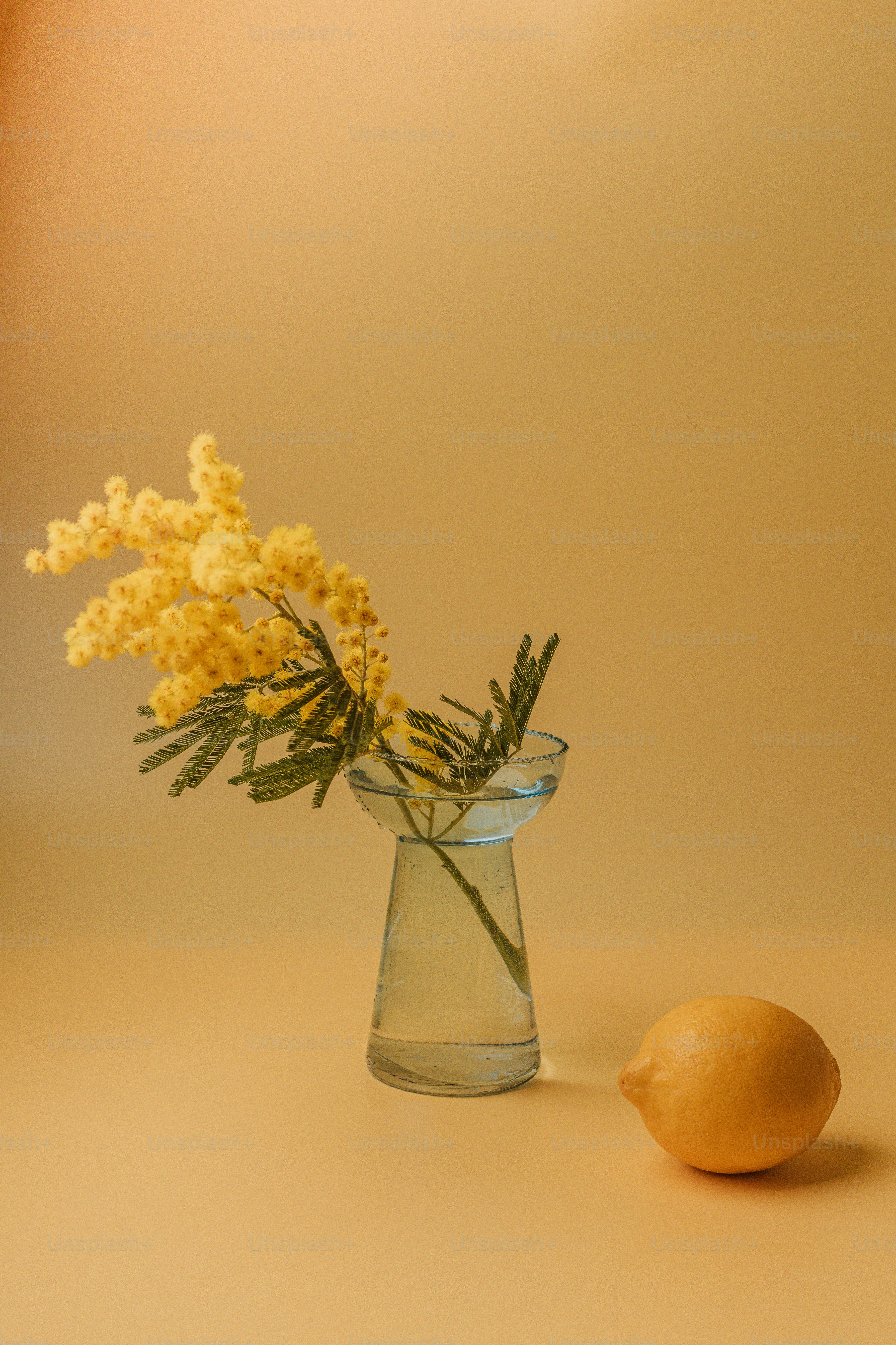 a yellow flower in a glass vase next to a lemon