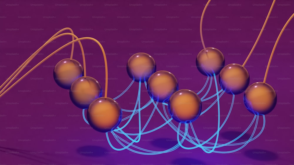 a bunch of balls that are on a purple surface