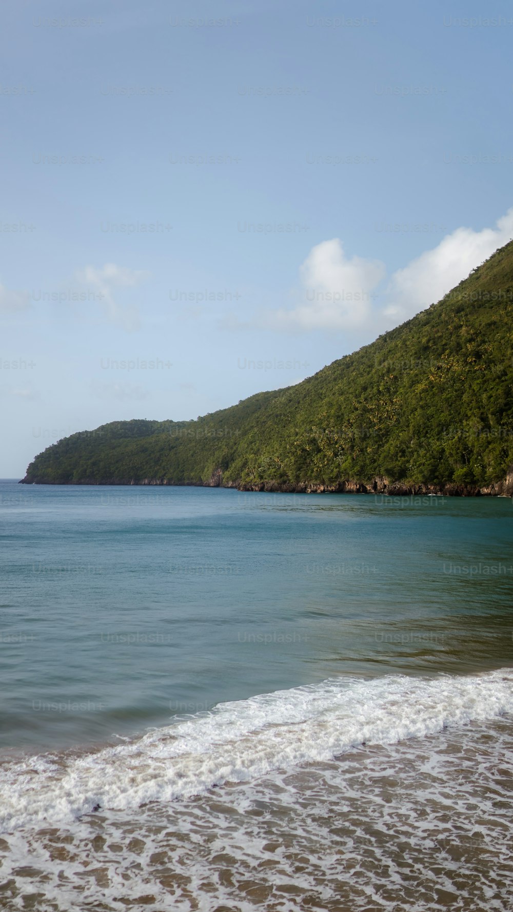 a body of water sitting next to a lush green hillside