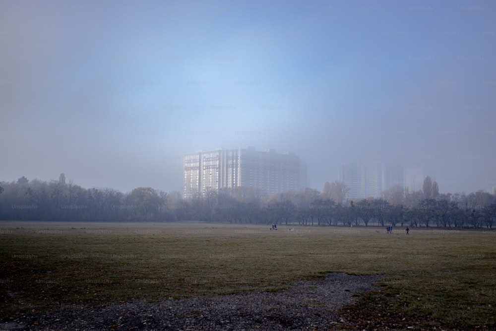 a foggy park with people walking in the distance