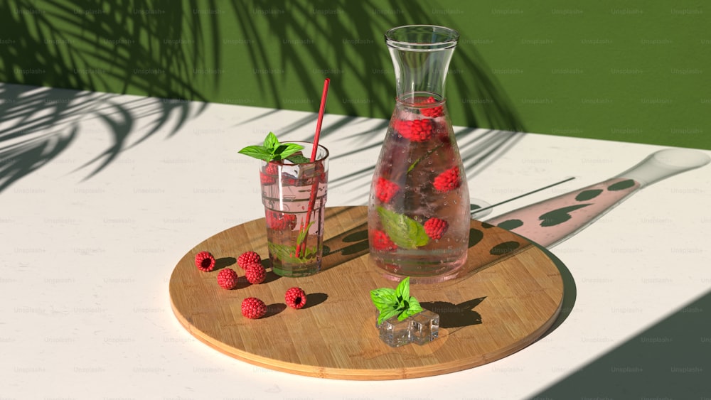 a wooden tray topped with a vase filled with water and raspberries