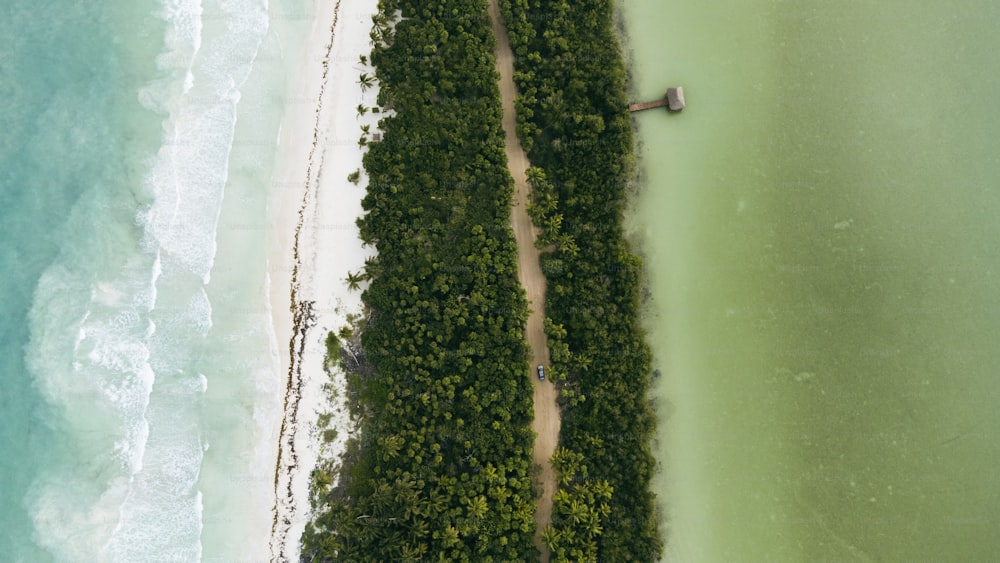 une vue aérienne d’une plage avec un bateau dans l’eau