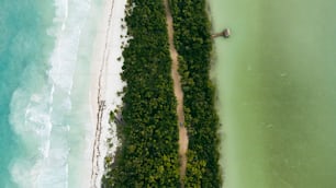 an aerial view of a beach with a boat in the water