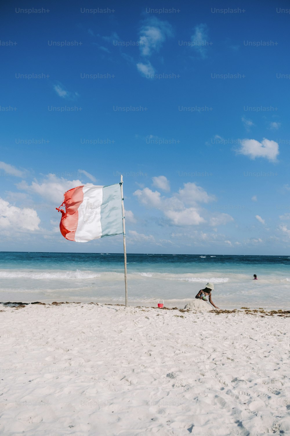 Una bandera en una playa con el océano de fondo