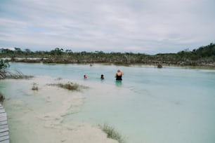 a group of people wading in a body of water