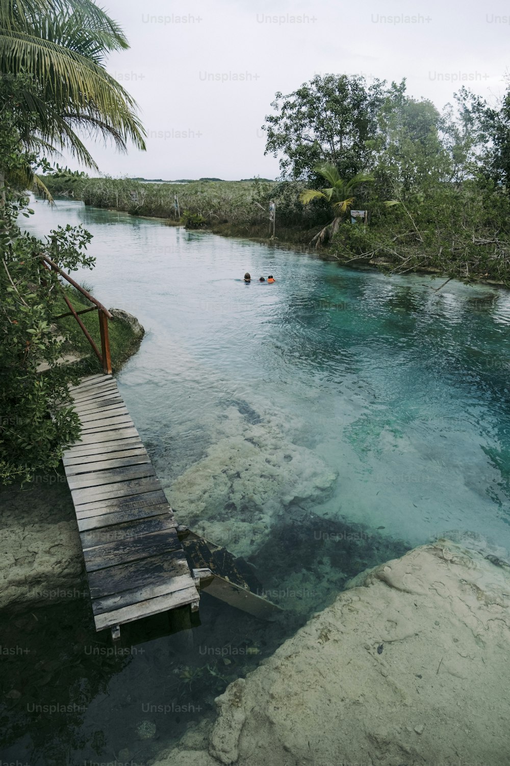 a body of water with a wooden bridge over it