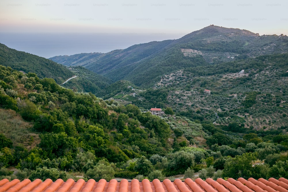 a view of a valley with mountains in the background