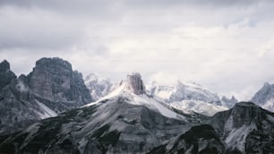 a mountain range covered in snow under a cloudy sky