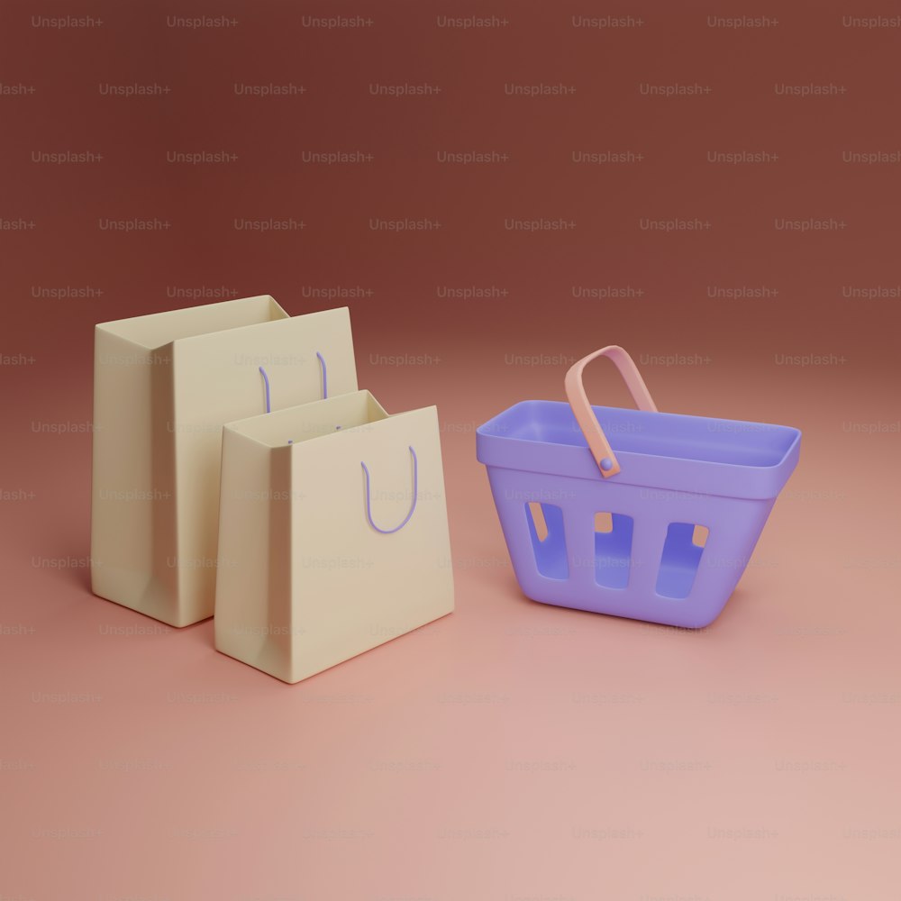 Una bolsa de compras púrpura junto a una cesta de compras púrpura