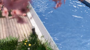 uma piscina com um deck de madeira ao lado