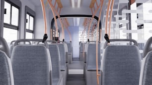 o interior de um ônibus de transporte público com assentos vazios
