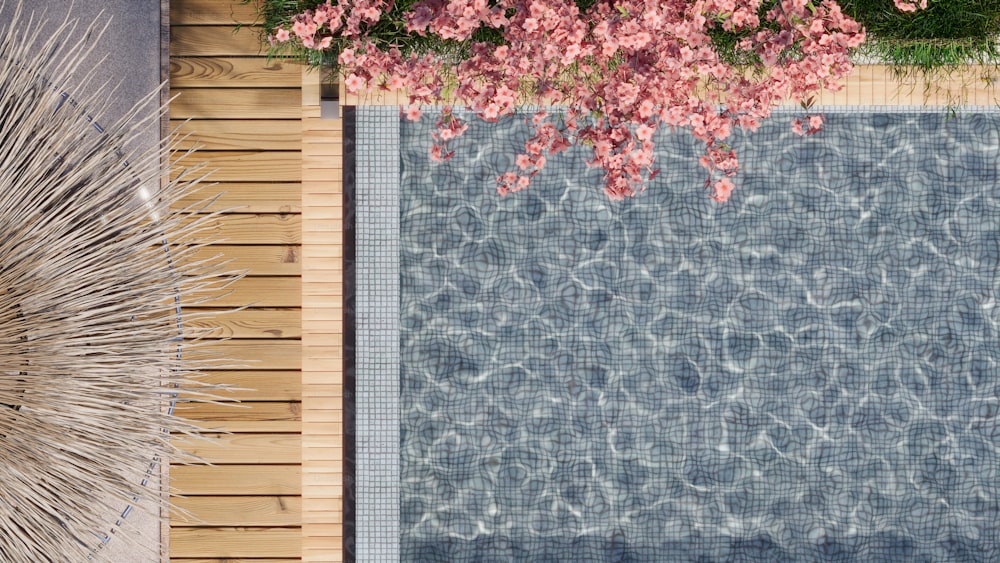 una vista dall'alto di una piscina con fiori