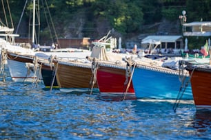 Una fila de barcos atracados en un puerto deportivo