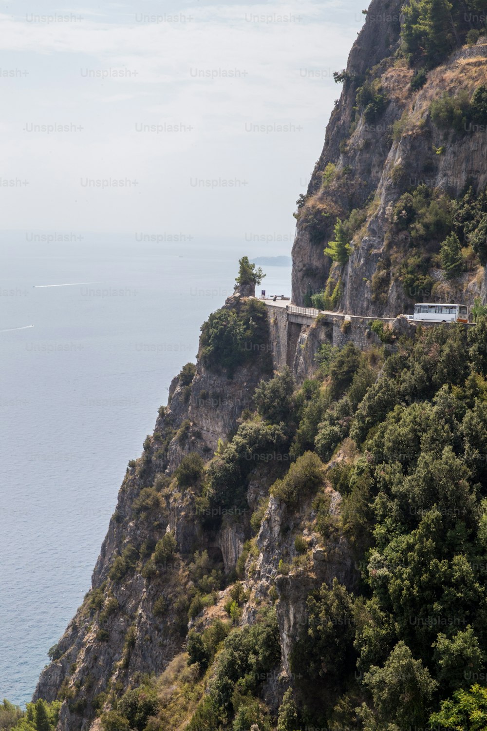 a train on the side of a mountain with a body of water in the background