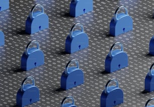 a group of blue padlocks on a metal surface