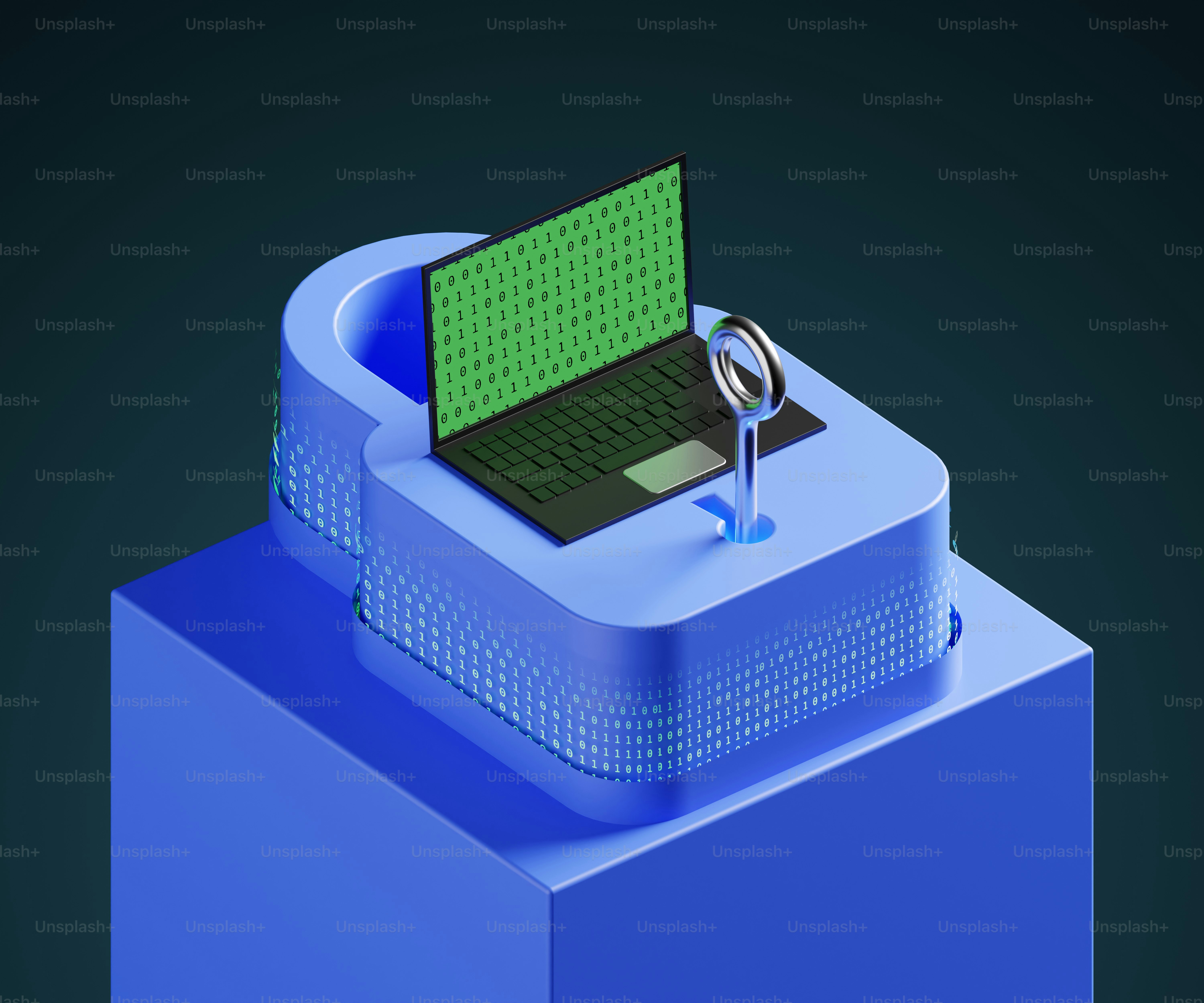 a laptop computer sitting on top of a blue box