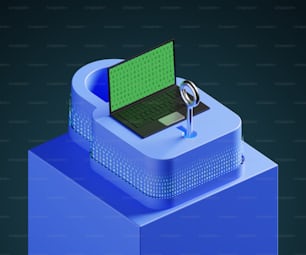 Ein Laptop sitzt auf einer blauen Box
