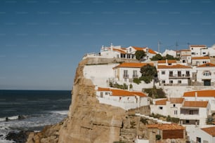 a view of a village on a cliff near the ocean