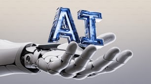 Eine Roboterhand, die einen Buchstaben hält, auf dem KI steht