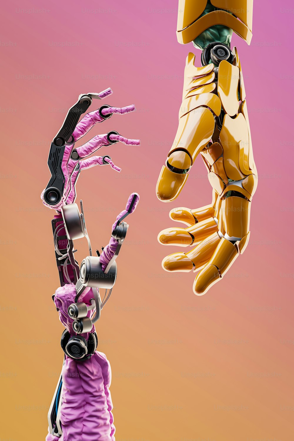 a robot holding a human hand in the air
