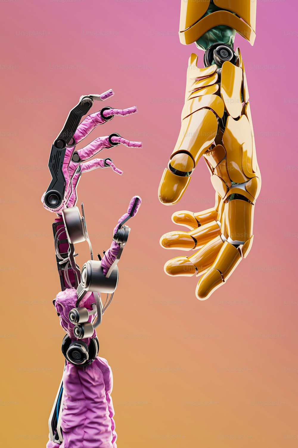 Un robot sosteniendo una mano humana en el aire