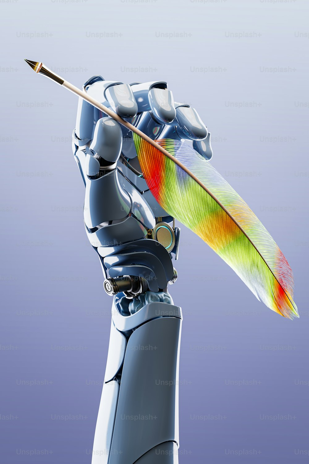 Une main robotique tenant une plume colorée sur fond bleu