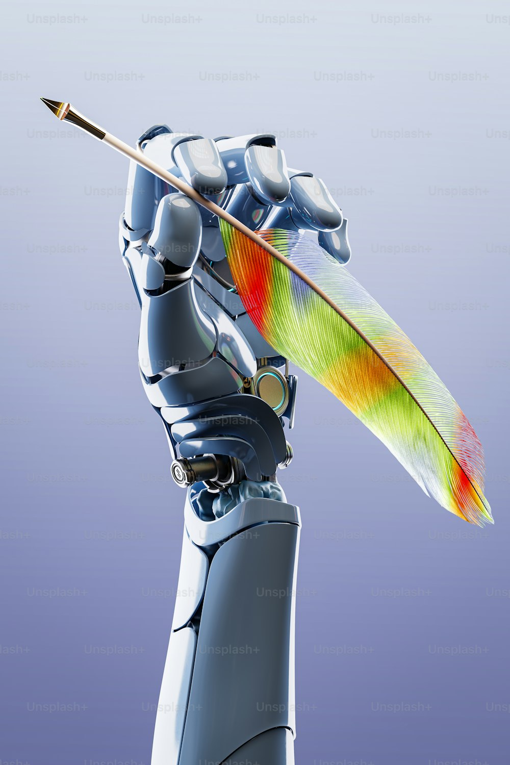 Une main robotique tenant une plume colorée sur fond bleu
